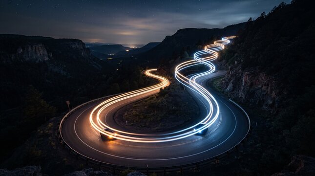 Long Exposure Car Light Trails Creating DNA Double Helix Pattern on Winding Mountain Road