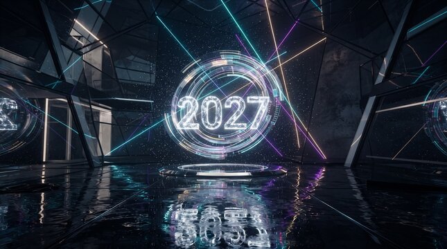 Futuristic holographic 2027 New Year celebration display in a dark neon digital interior