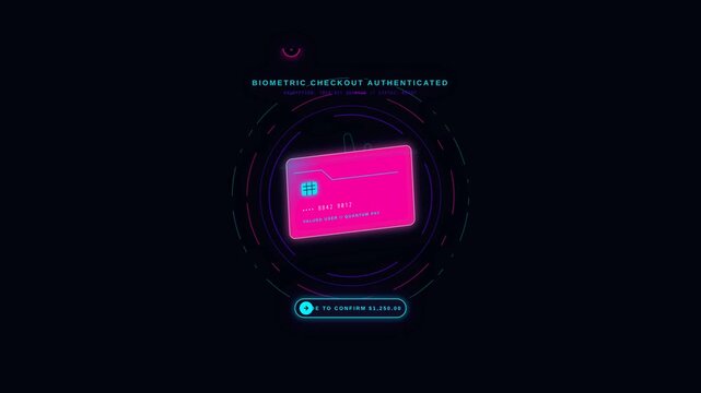 Futuristic Biometric Checkout Interface with Neon Credit Card Animation for Online Secure Payment