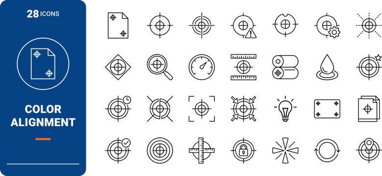 Registration Marks Multi Colour Alignment Web Icon Set in Linear Style. Collection of offset printing, color pass, sheet alignment, press calibration, prepress proofing, registration target line