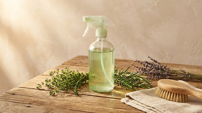 Glass spray bottle with natural essential oil and fresh herbs on a rustic wooden table for spa wellness. Eco-friendly cleaner DIY
