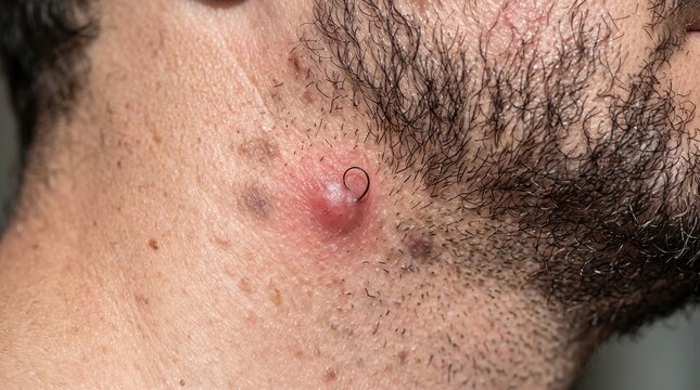 Severe inflamed ingrown hair follicle bump on male beard neck area