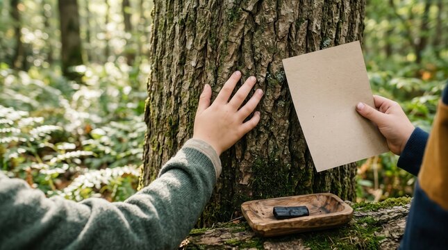 woodland classroom for children concept. Person touching a tree while another holds a paper in a forest setting