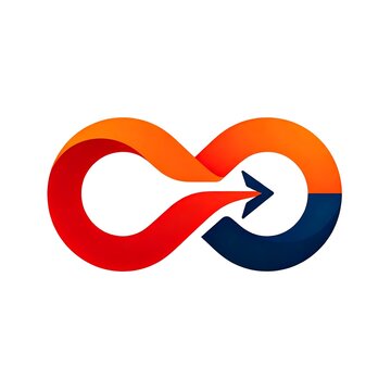 Gradient infinity loop with arrow, blending red, orange, and dark blue, symbolizing progress, continuity, and perpetual flow