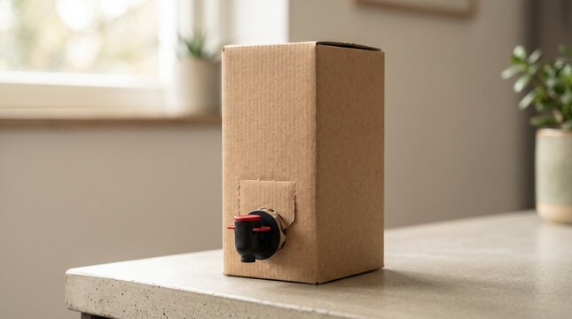 Blank Cardboard Bag in Box Wine Container Mockup with Tap on Concrete Table