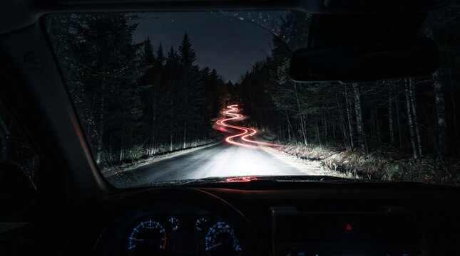 POV View from Inside Car Driving on Winding Forest Road at Night with Red Light Trails