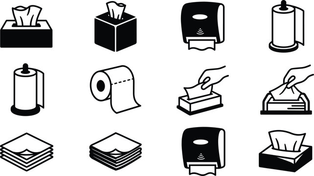 Set of tissue paper and paper towel icons featuring napkin dispensers toilet rolls stacked napkins and hand pulling wet wipes isolated on white background