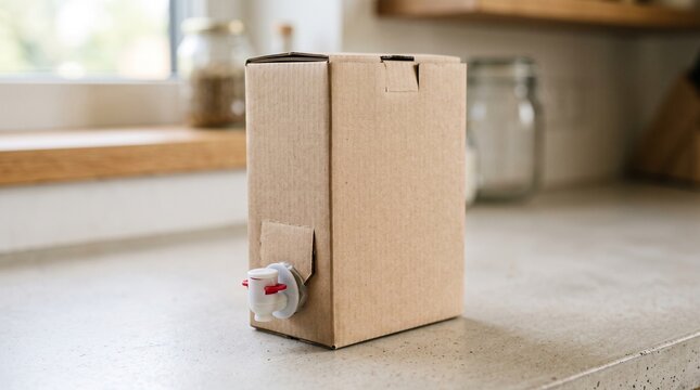 Blank Cardboard Bag in Box Wine Container Mockup with Tap on Kitchen Counter