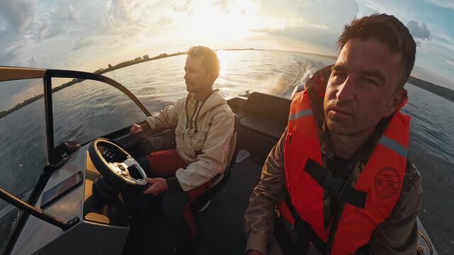Two fishermen explore the river on the speed motor boat