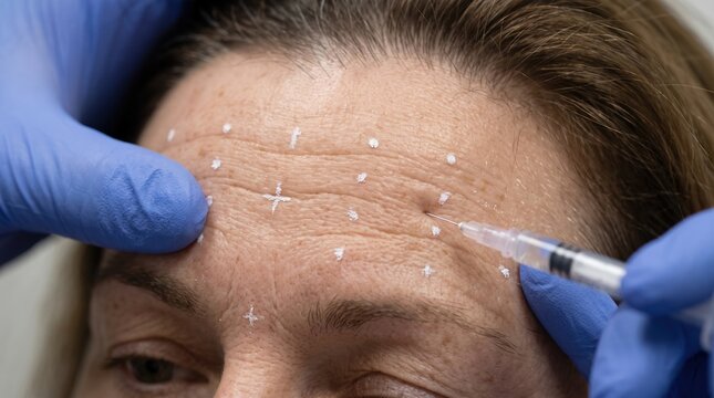 Doctor injecting botulinum toxin into forehead wrinkles marked with white points