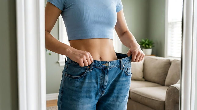 Woman Showing Weight Loss Progress by Wearing Oversized Jeans at Home, Healthy Lifestyle and Body Transformation Concept