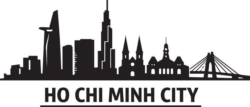 Minimalist graphic illustration featuring the famous urban skyline of ho chi minh city in a black silhouette