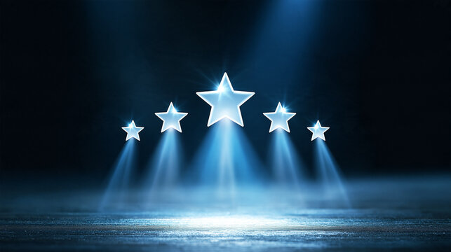 Five glowing stars illuminate a dark stage, symbolizing excellence and high ratings.