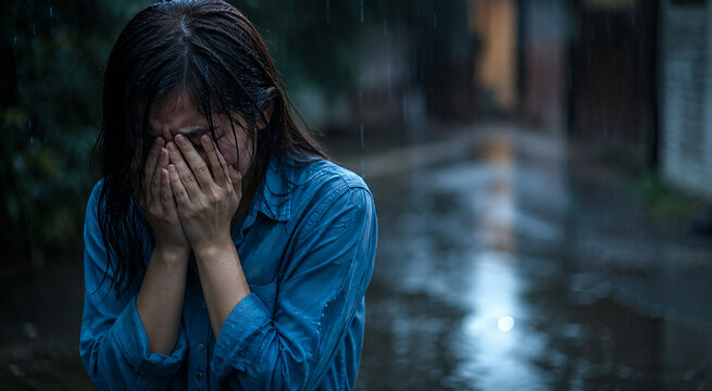 Emotional Asian Woman Crying Alone in the Rain on a Dark Street