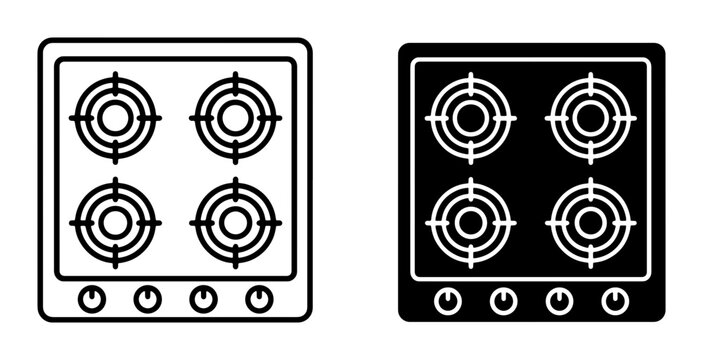 Four-Burner Electric Stove Top Vector Icons, Black and White Kitchen Appliance Graphics, Modern Cooking Range Symbols for Web and Print Design