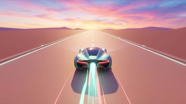 近未来のスポーツカーが光を放ち滑走路を走行するクレイ風3D背景