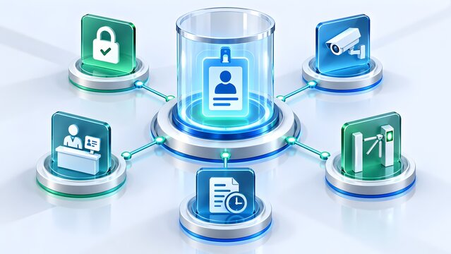 Advanced corporate security access control network featuring central identity verification node connected to surveillance cameras visitor management and attendance tracking