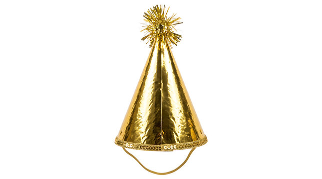 Shiny Gold Party Hat with Tinsel Pom-Pom Isolated on White Background
