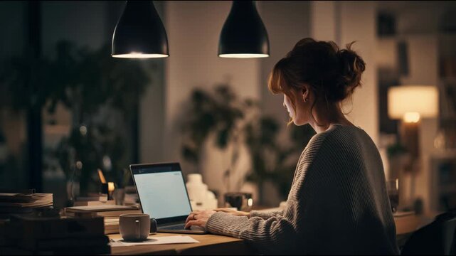 Young female freelancer typing on a laptop, concentrating on a project in a cozy home office late
