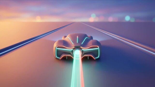 近未来のスポーツカーが光を放ち滑走路を走行するクレイ風3D背景