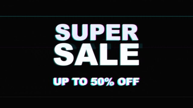 Super sale up to 50 percent off text with vintage glitch effect and digital noise, perfect for discount promotion and marketing campaigns