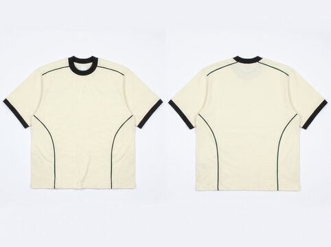 Front and back view of a beige t-shirt with black ringer collar and piping detail isolated on white background