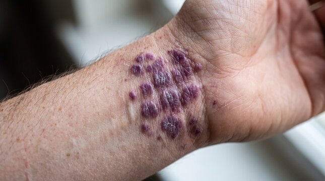 Close up of purple Kaposi sarcoma or lichen planus lesions on wrist inner arm skin