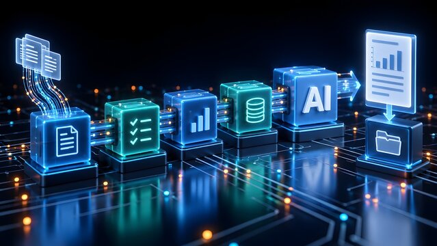 Artificial intelligence automated document processing workflow with glowing digital cubes organizing financial data and business analytics algorithms