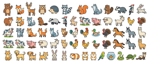 Fototapeta premium Cute Cartoon Animal Collection Isolated on Transparent Background