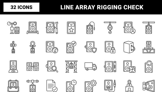 Line Array Rigging Safety Web Icon Set in Linear Style. Collection of Speaker Inspection line icons, including rigging, suspension, acoustics, stagecraft, logistics, maintenance.