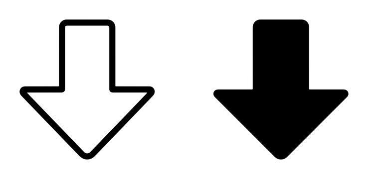 Down Arrow Icons, Vector Symbols for Direction and Navigation, Simple Black and White Graphics for Download and Decrease Concepts