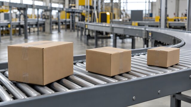 Plain cardboard parcels on a roller conveyor
