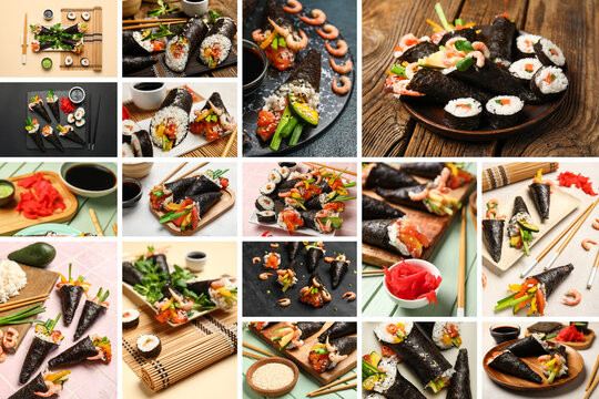 Sushi hand roll collage, japanese cuisine and healthy food concept, fresh seafood and vegetable temaki rolls with soy sauce and ginger on wooden table