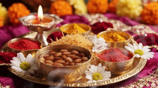 Celebration of Bhai Dooj featuring an Ornate Pooja Thali and Raksha Bandhan Elements