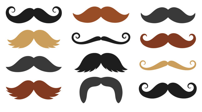 Set of Twelve Unique Mustache Styles in Various Shapes and Brown and Black Colors
