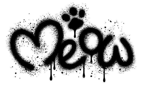 Graffiti meow text sprayed in black over white.