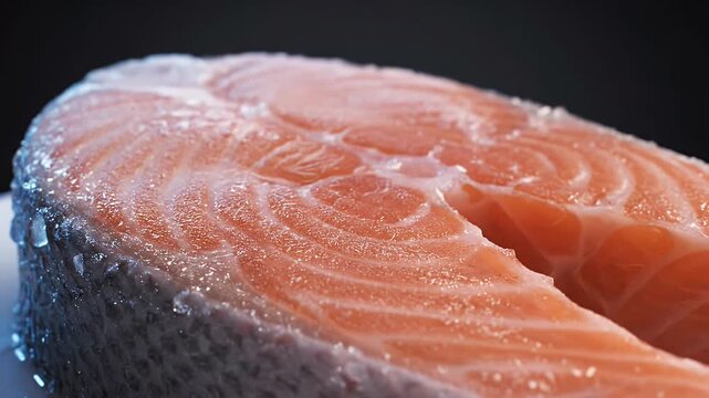 Close-up of a vibrant, fresh raw salmon steak, glistening with moisture, highlighting its rich color and texture, perfect for a healthy and delicious meal preparation