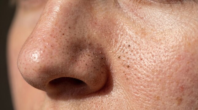 Detailed macro shot showing open comedones blackheads and enlarged pores on nose skin