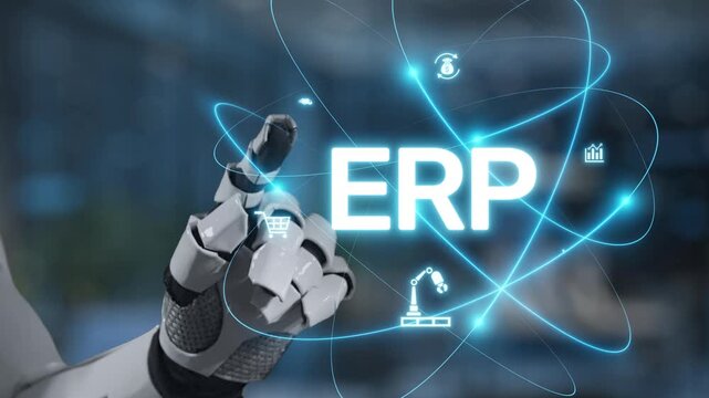 A robotic hand interacts with an ERP concept showcasing technology icons in a modern business atmosphere, illustrating the fusion of automation and management for improved efficiency. Salient
