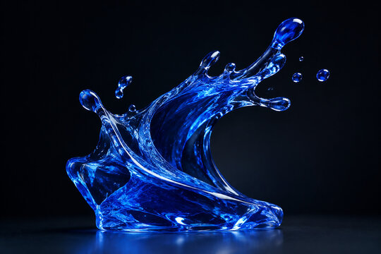 A splash of deep blue liquid frozen into a crystalline sculpture on dark background.