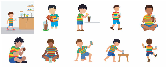 Fototapeta premium Vector illustration set of a young boy in various activities drinking chocolate milk, pouring milk from a carton, and sitting with a glass