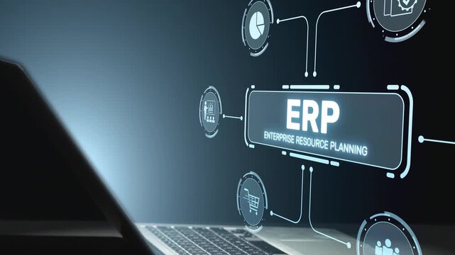 A robotic hand interacts with an ERP system displayed on a sleek laptop, symbolizing advancements in technology and the digital transformation of business management practices. Salient