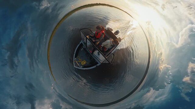Two fishermen explore the river on the speed motor boat