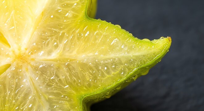 Close-up of star fruit slice with water droplets