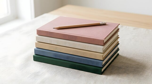 Stack of colorful hardcover books with pencil on wooden table
