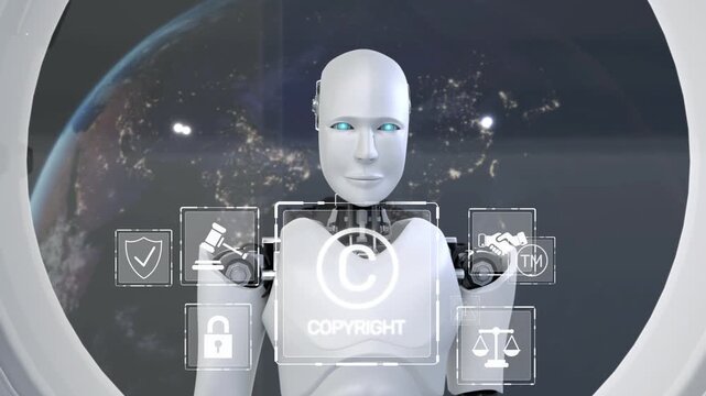A futuristic robot stands before a digital interface showcasing various copyright icons, symbolizing technology and digital rights management in a cosmic backdrop. Synapse