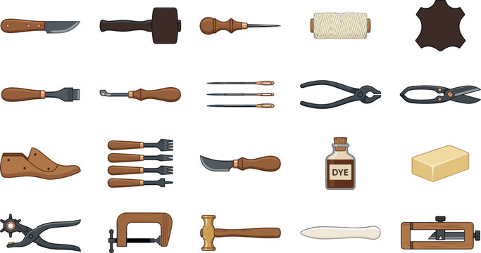 Leather Crafting and Shoemaking Tools Icon Vector Set with Traditional Leatherworking Hand Equipment and Artisan Cobbler Symbols for Handmade Studio Workshop Designs