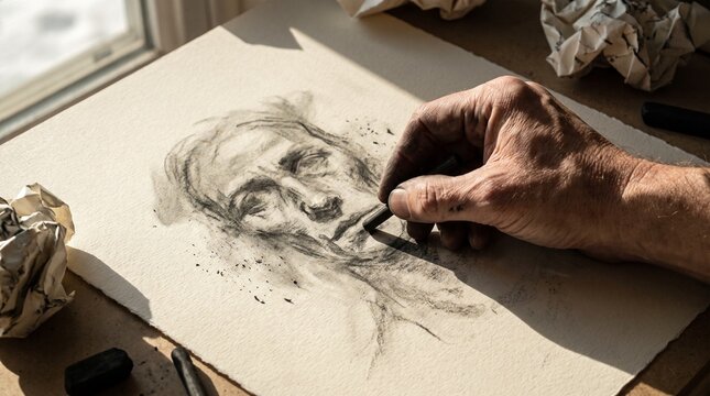 Artist hand sketching a detailed human portrait using charcoal on textured paper.