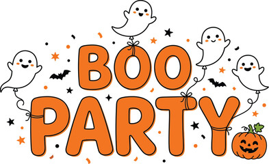Fototapeta premium Boo party Halloween lettering with cute ghost balloons, carved pumpkin lantern, confetti and bats, cartoon doodle vector illustration on white background,