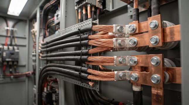 Industrial electrical control panel with copper busbars and heavy wiring